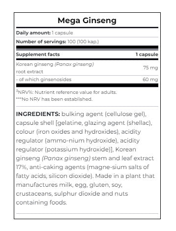 Mega Ginseng näringsfakta och ingredienser baksida