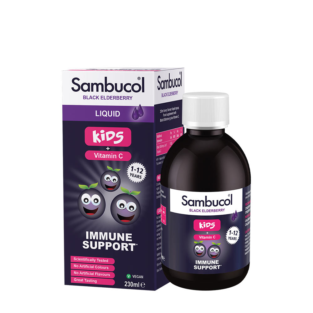Sambucol Kids Liquid with Vitamin C in a 230ml bottle for immune support, scientifically tested, vegan, and great tasting.