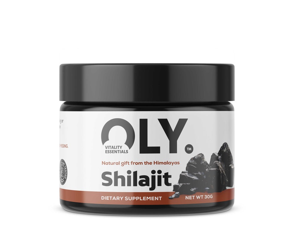 Oly Pure Shilajit Resin 30g jar, natural dietary supplement from the Himalayas for energy and wellness.