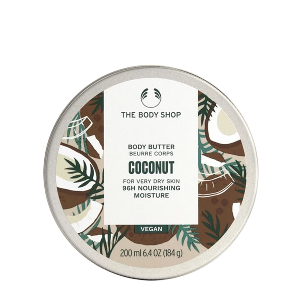 The Body Shop Coconut Body Butter canister, 200ml, featuring tropical design and vegan label.