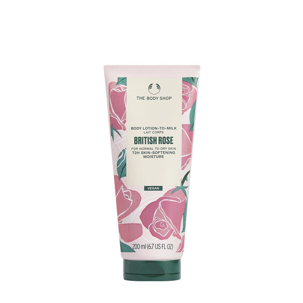 The Body Shop British Rose Body Lotion, 200ml, moisturizing, vegan, suitable for normal to dry skin, 72-hour hydration.