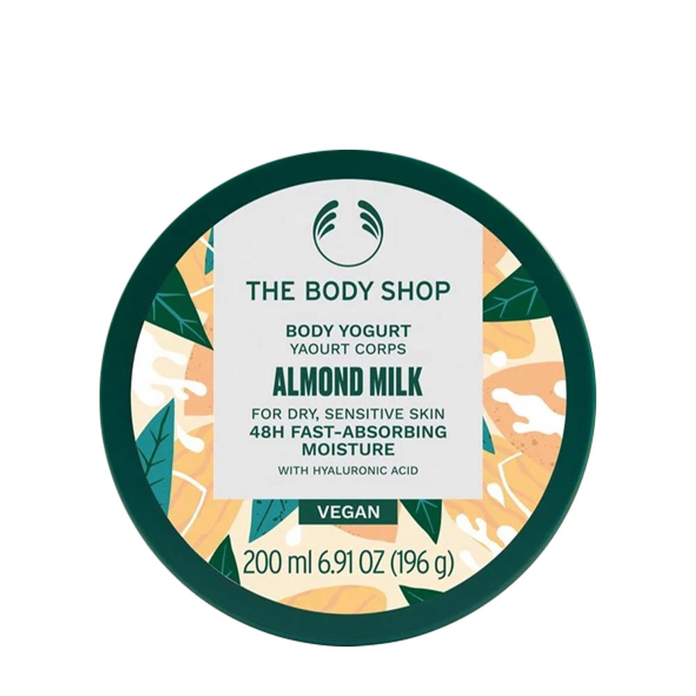 The Body Shop Almond Milk Body Yogurt, 200ml, fast-absorbing moisturizer for dry, sensitive skin, with hyaluronic acid.