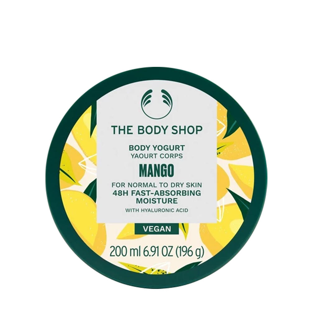 The Body Shop Mango Body Yogurt for normal to dry skin, 48H fast-absorbing moisture in a 200ml container.