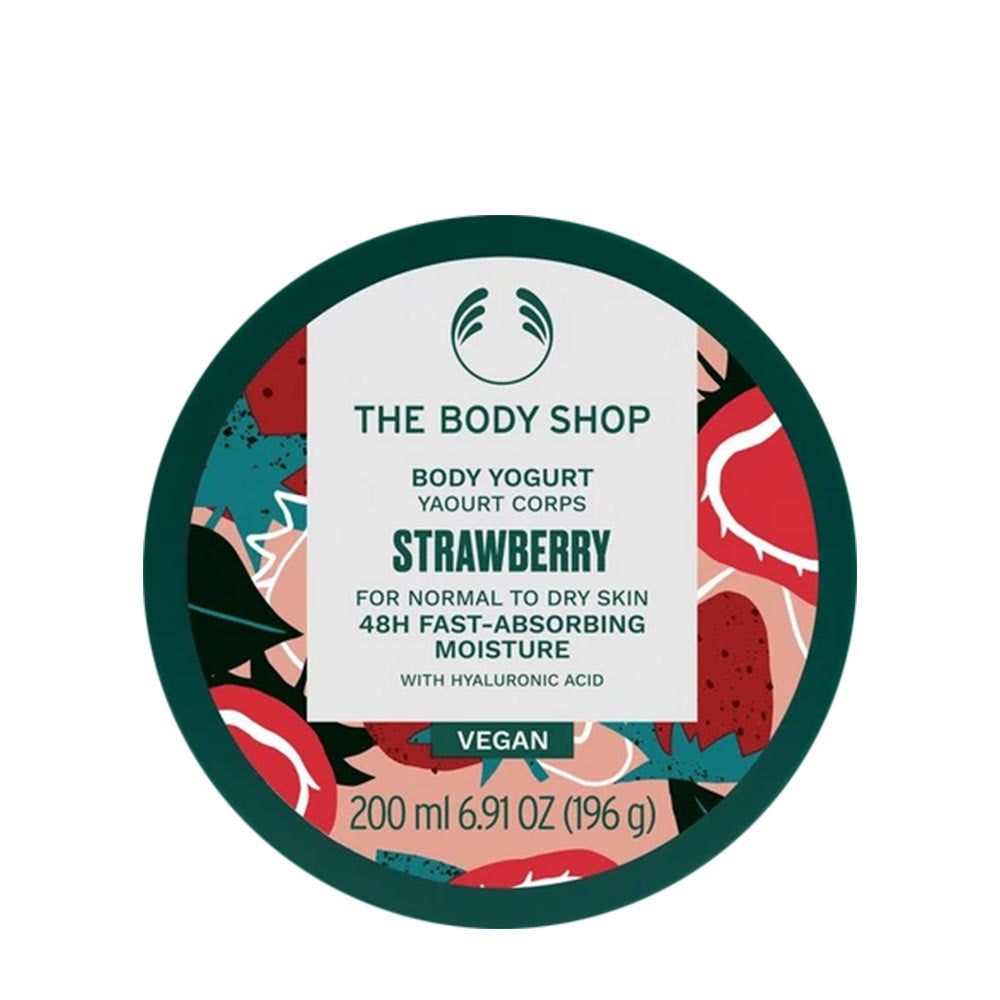 The Body Shop Strawberry Body Yogurt, 200ml, vegan body moisturizer for normal to dry skin with hyaluronic acid.
