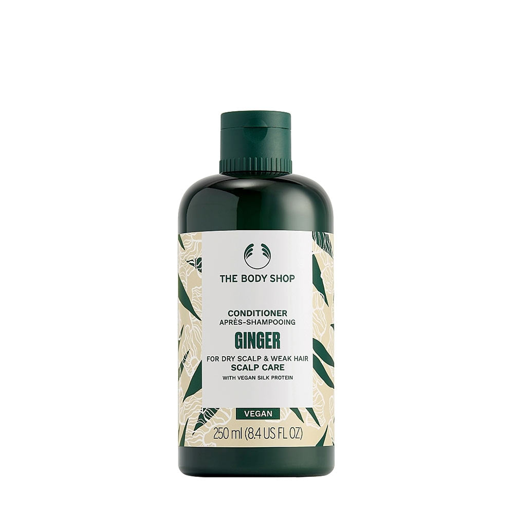 The Body Shop Ginger Conditioner in vegan packaging, 250ml, designed for weak hair and dry scalp care.