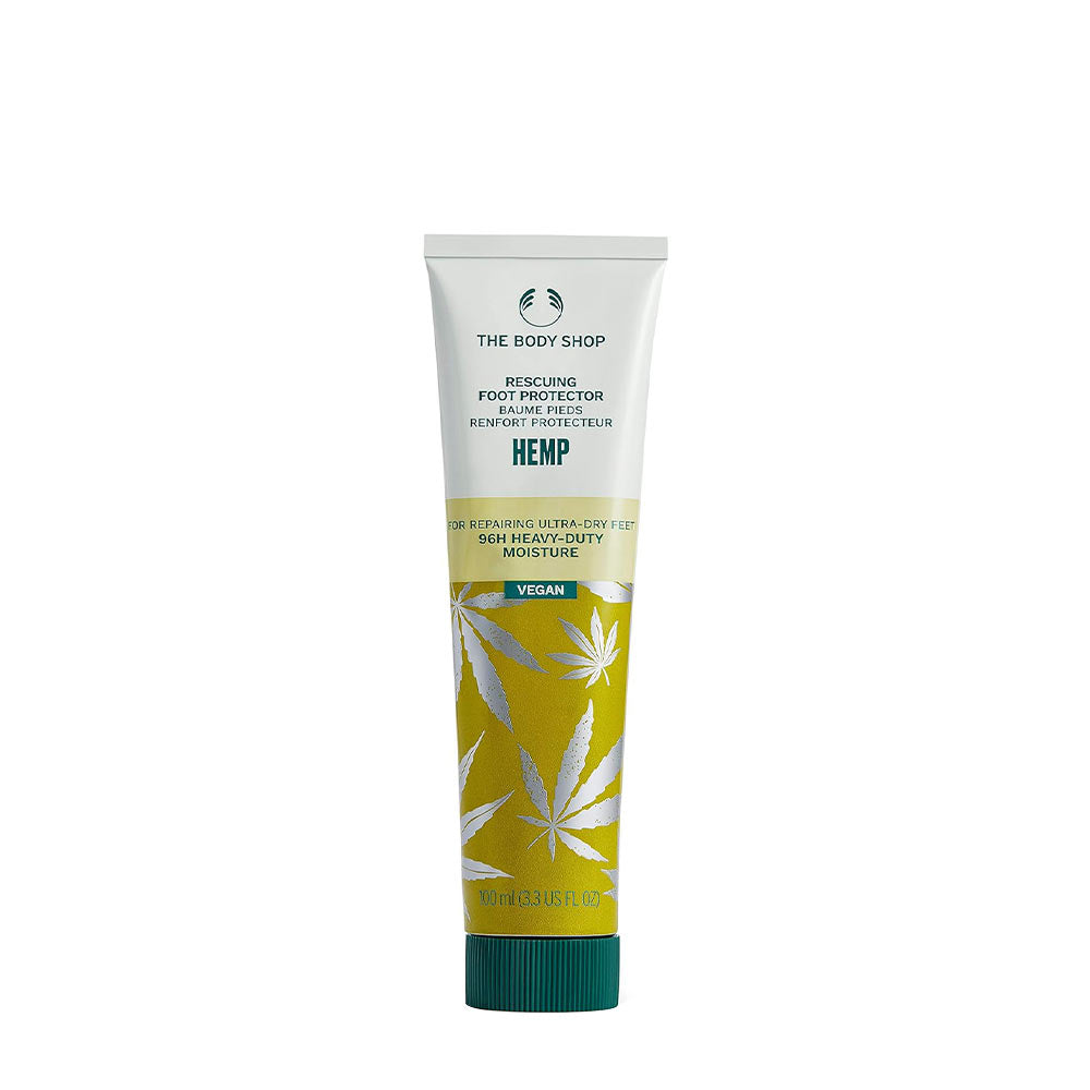The Body Shop Rescuing Foot Protector cream tube for dry and cracked heels with hemp seed oil.