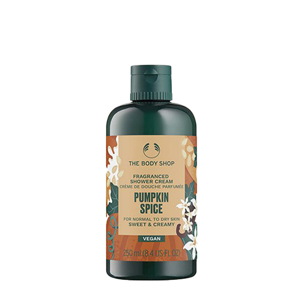 The Body Shop Pumpkin Spice Shower Cream, vegan formula, 250ml, ideal for normal to dry skin, limited edition.