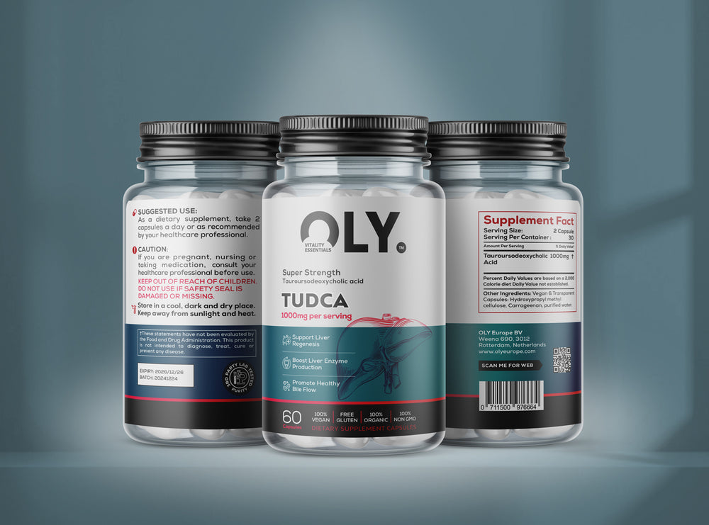 Oly TUDCA supplement bottle with details, 1000mg, 60 vcaps, promoting liver health and digestion.