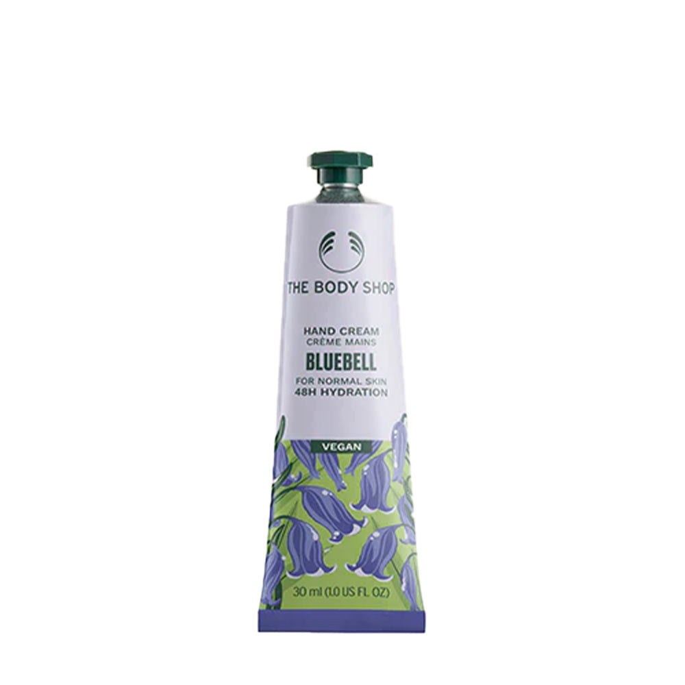 The Body Shop Bluebell Hand Cream in a floral tube, designed for normal skin with 48-hour hydration.