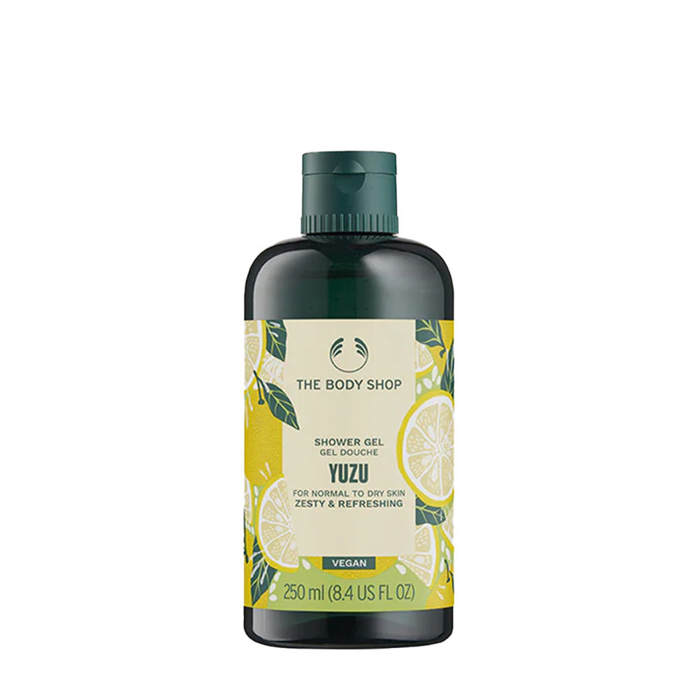 The Body Shop Yuzu Shower Gel, vegan citrus shower gel for normal to dry skin, 250ml bottle.
