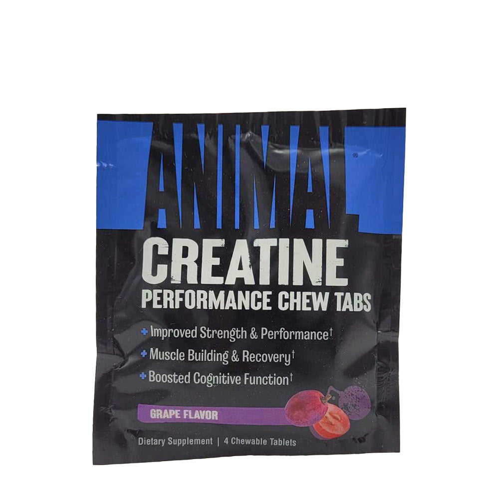 Animal Creatine Performance Chew Tabs packaging featuring grape flavor, promoting improved strength and muscle recovery.