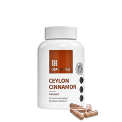 USA Medical Ceylon Cinnamon organic dietary supplement bottle with veggie capsules, 60 count.