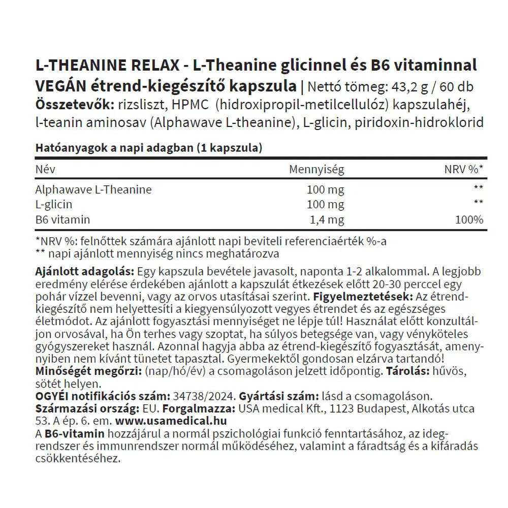 Usa Medical L-Theanine Relax näringsfakta baksida