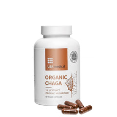 USA Medical Organic Chaga supplement bottle with veggie capsules, featuring 11:1 extract of organic mushroom.