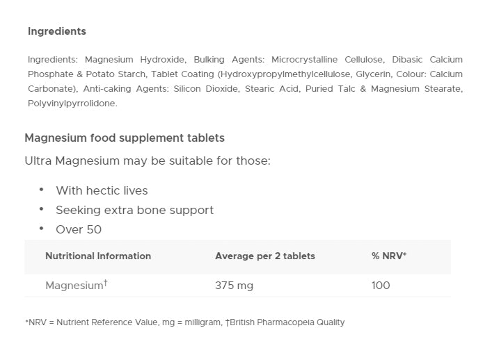 Ultra Magnesium – 60 tabletter baksida näringsfakta