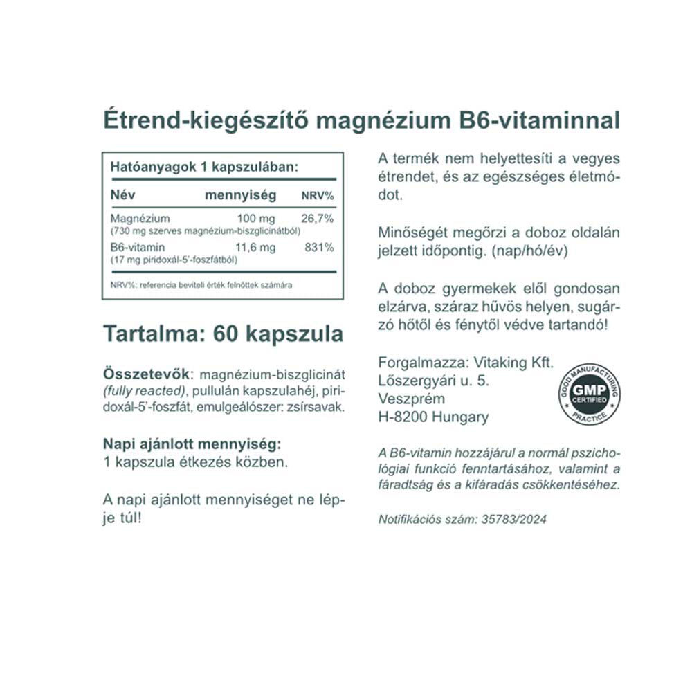 Magnesium Bisglycinate + Vitamin B6 baksida näringsfakta