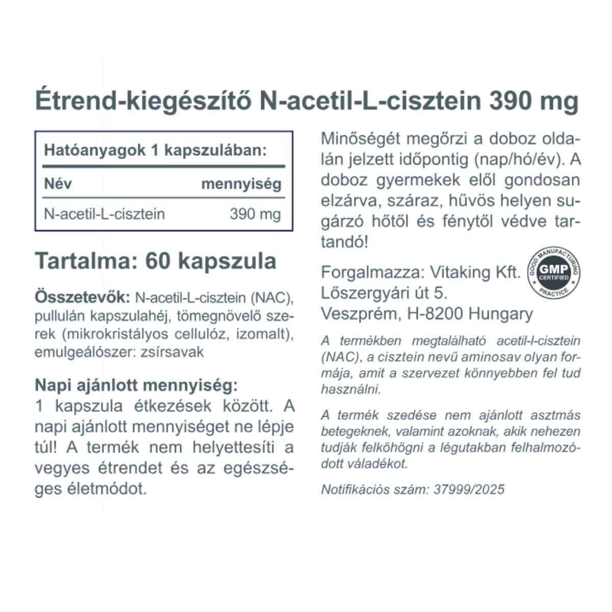 NAC – N-Acetyl-L-Cystein 390 mg ingredienser
