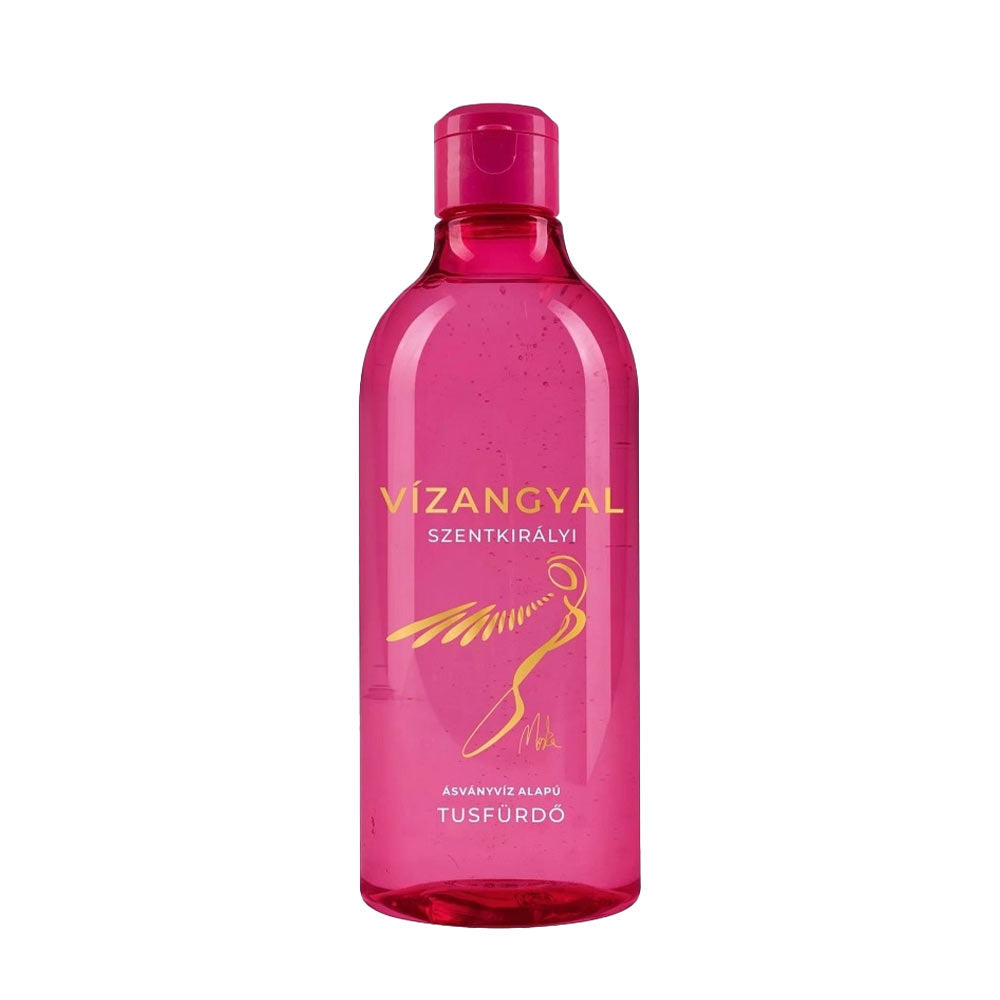 Vízangyal hydrating shower gel bottle with mineral water from Szentkirály, pink packaging, natural ingredients.