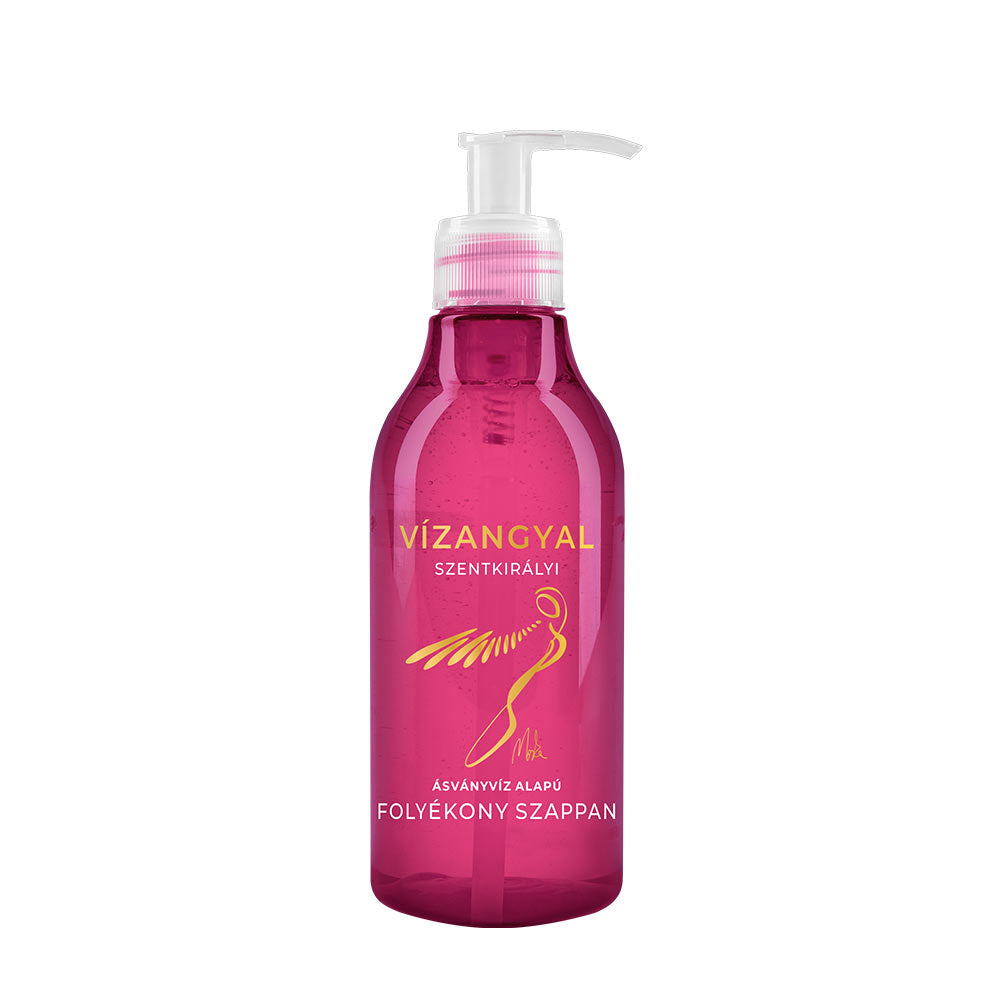 Vízangyal Liquid Soap in pink bottle with pump, mineral water-based and moisturizing formula.