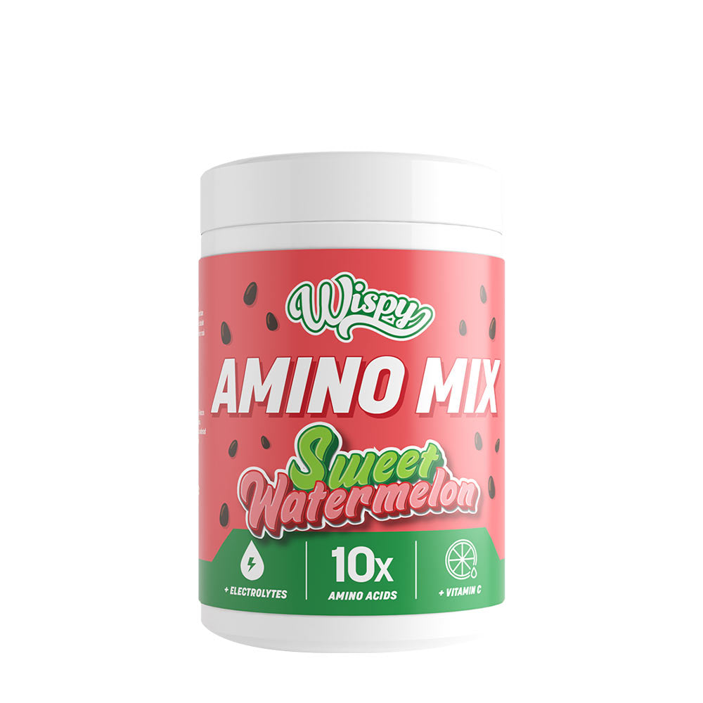 Wispy Amino Mix Sweet Watermelon flavor, featuring electrolytes and 10 essential amino acids for muscle recovery.