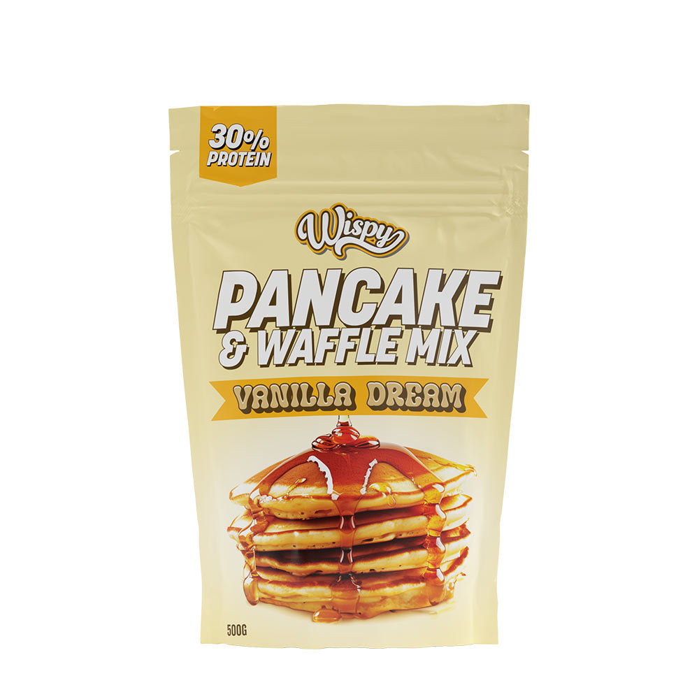 Wispy Pancake & Waffle Mix Vanilla Dream packaging with 30% protein, ideal for healthy breakfast.