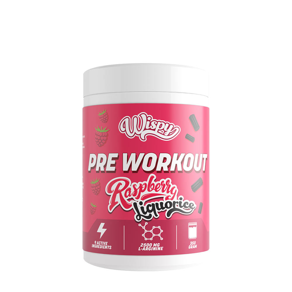 Wispy Pre Workout powder in Raspberry Liquorice flavor, featuring energizing ingredients for improved performance.