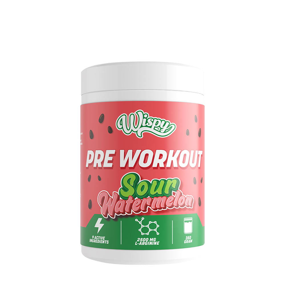 Wispy Pre Workout Powder Sour Watermelon flavor with 9 active ingredients for energy and focus.