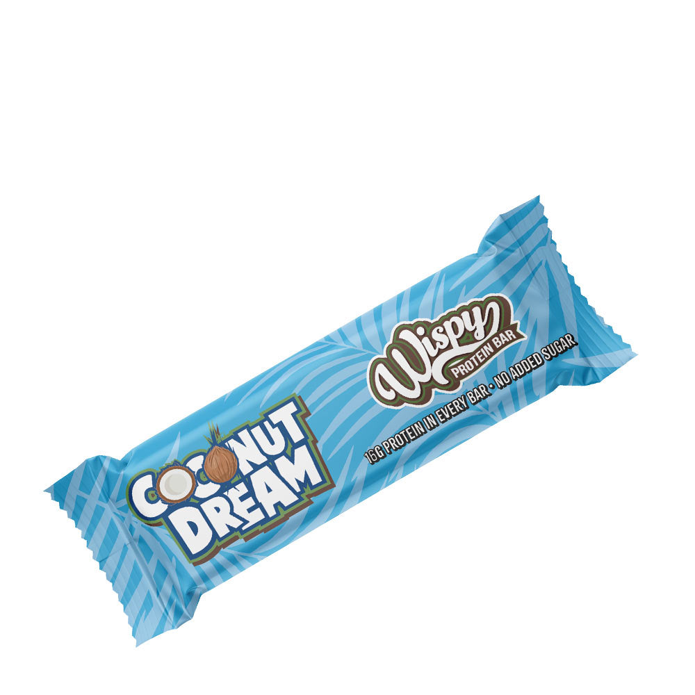 Wispy Protein Bar Coconut Dream flavor packaging, high protein, no added sugar, healthy snack, 230 calories.