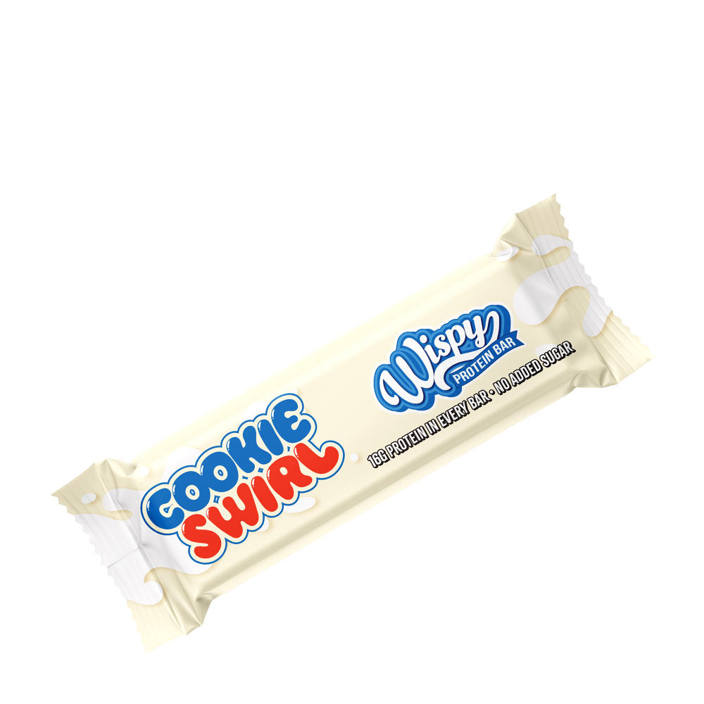 Wispy Protein Bar in Cookie Swirl flavor, high protein, low sugar, nutritious snack.