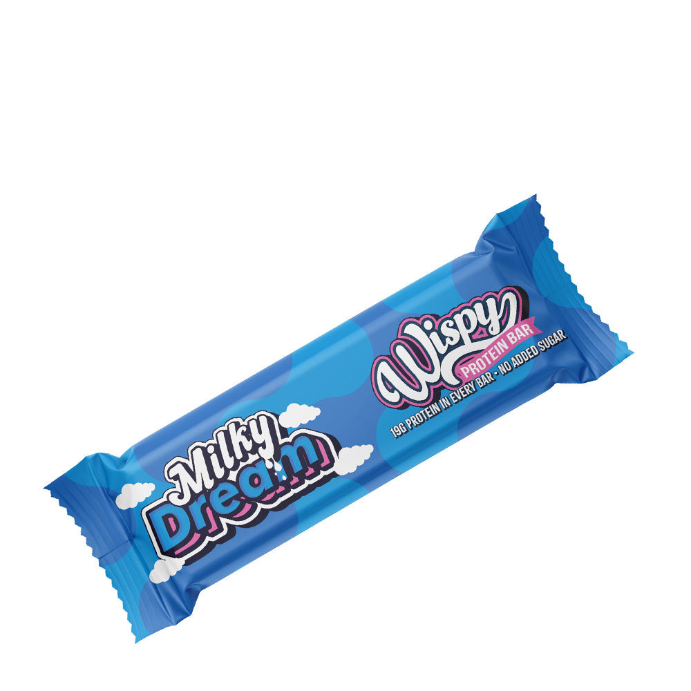 Wispy Protein Bar Milky Dream flavor, high protein, no added sugars, only 230 calories per bar.