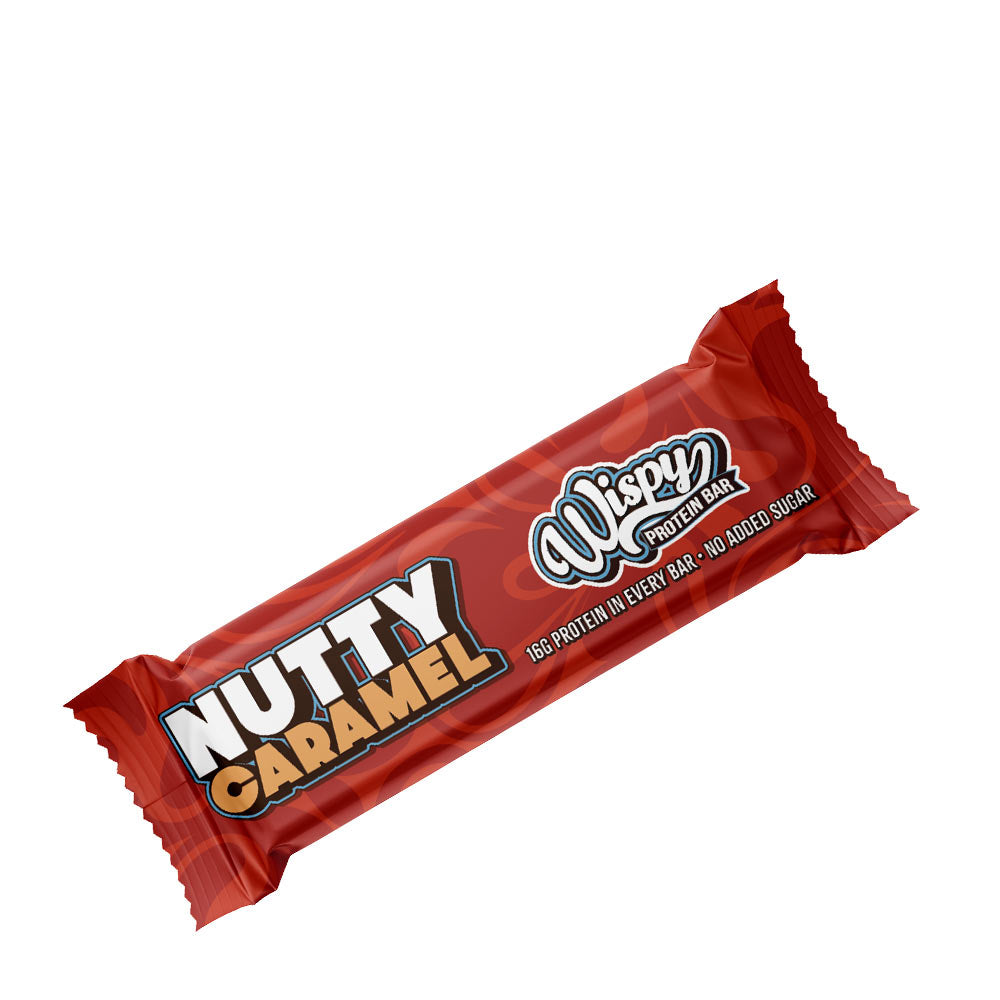 Wispy Protein Bar in Nutty Caramel flavor, featuring high protein content and no added sugars.