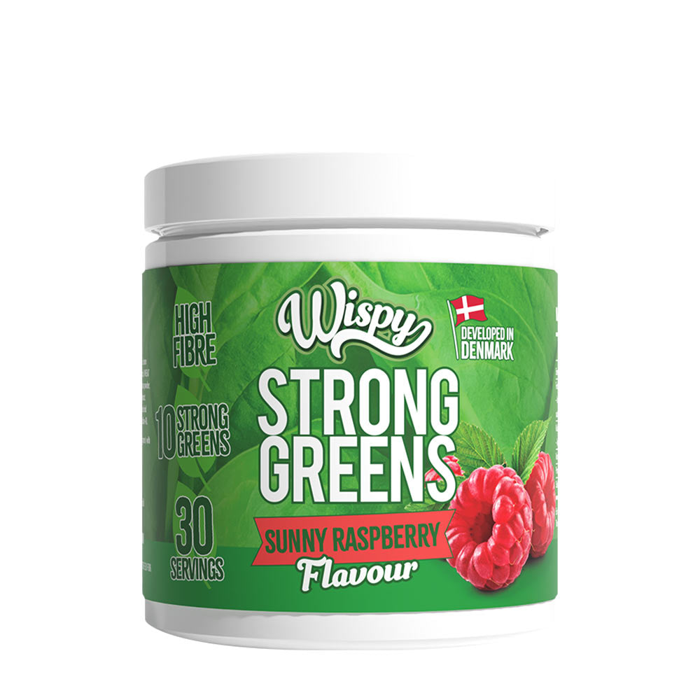 Wispy Strong Greens Sunny Raspberry flavor supplement jar with 30 servings and high fiber content.