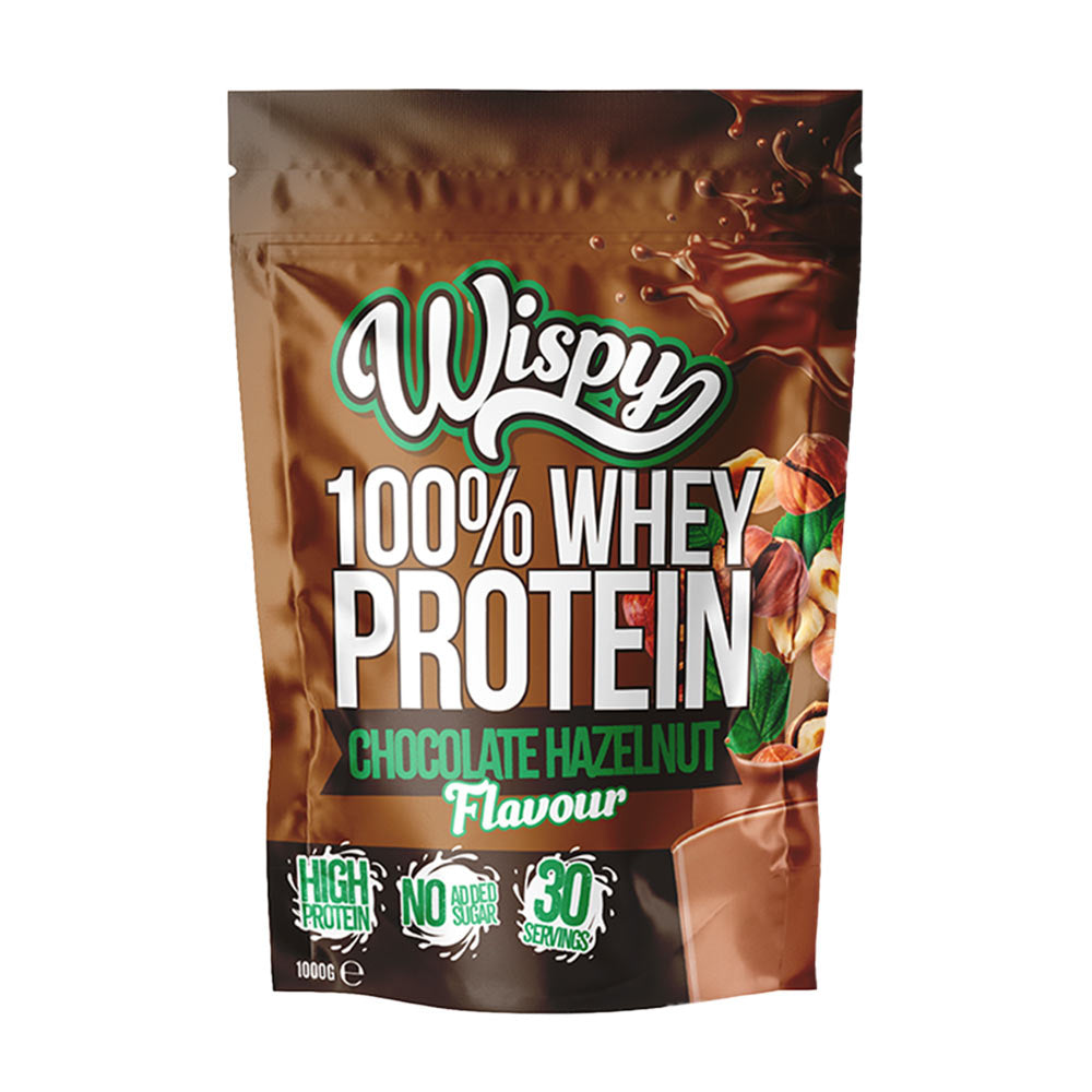 Wispy 100% Whey Protein powder in chocolate hazelnut flavor, high protein, no added sugar, 30 servings.