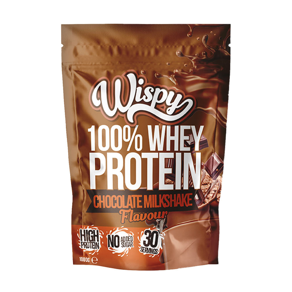 Wispy 100% Whey Protein powder in chocolate milkshake flavor, high protein, no added sugar, 30 servings.