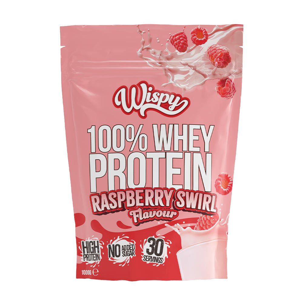 Wispy 100% Whey Protein in Raspberry Swirl flavor, high protein, no added sugar, 30 servings, 1000g packaging