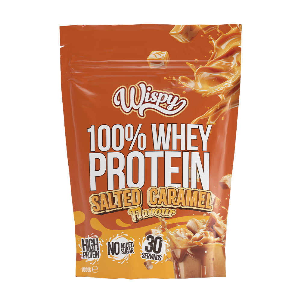 Wispy 100% Whey Protein in Salted Caramel flavor, high protein, no added sugar, 30 servings.