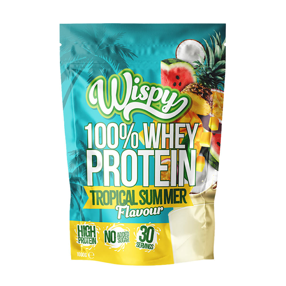 Wispy Whey Protein powder bag featuring tropical summer flavor, high protein, and no added sugar, suitable for muscle recovery.
