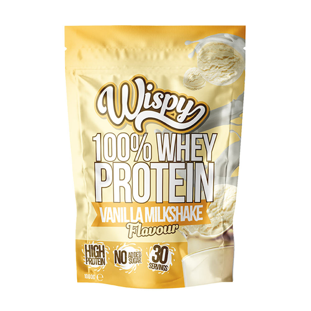 Wispy 100% Whey Protein Vanilla Milkshake flavor, high protein, no added sugar, 30 servings, quality protein powder.
