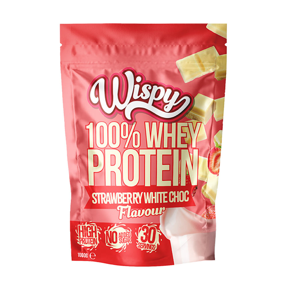 Wispy 100% Whey Protein in Strawberry White Chocolate flavor, high in protein, no added sugars, 30 servings.