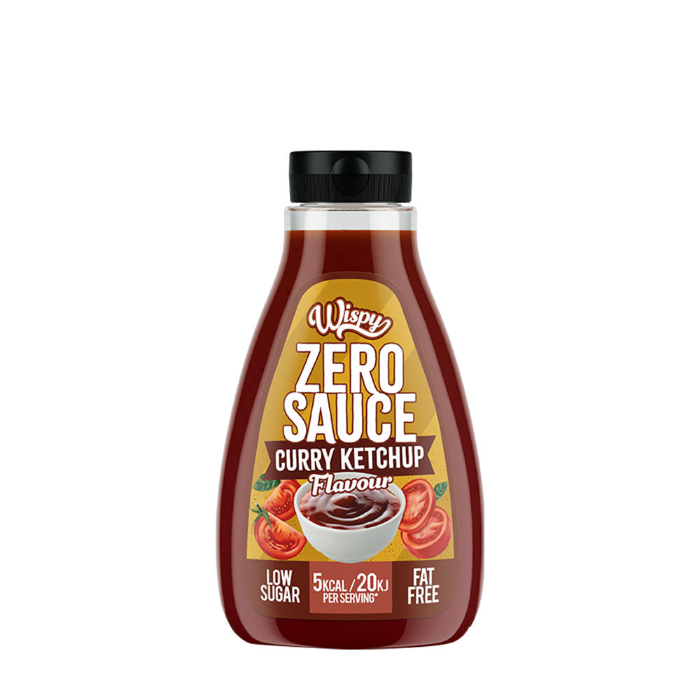 Wispy Zero Sauce Curry Ketchup flavor, low sugar, fat-free, 5 kcal per serving, perfect for healthy meals.