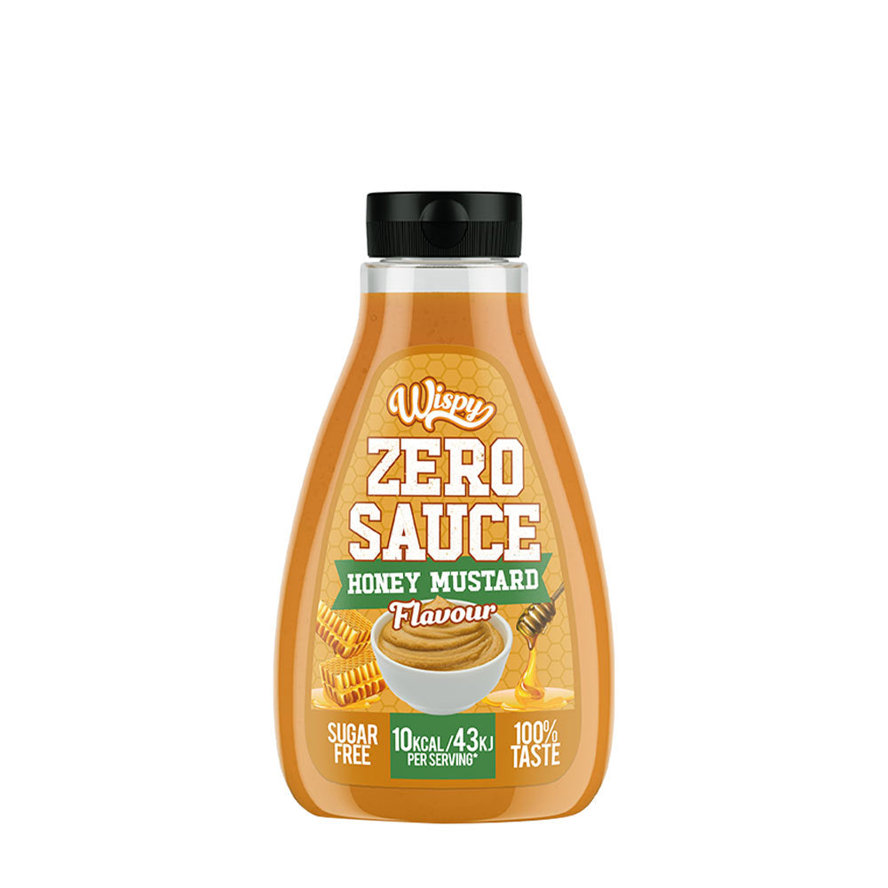 Wispy Zero Sauce Honey Mustard flavor in a bottle, sugar-free, 10 kcal per serving, perfect for low-calorie meals.