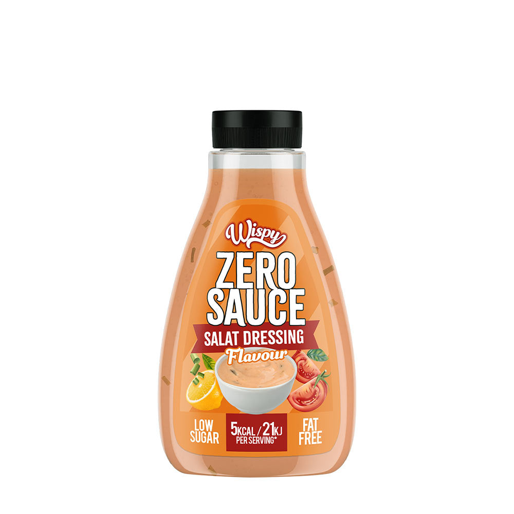Wispy Zero Sauce salad dressing bottle with low sugar, fat-free, and 5 kcal per serving, ideal for healthy meals.