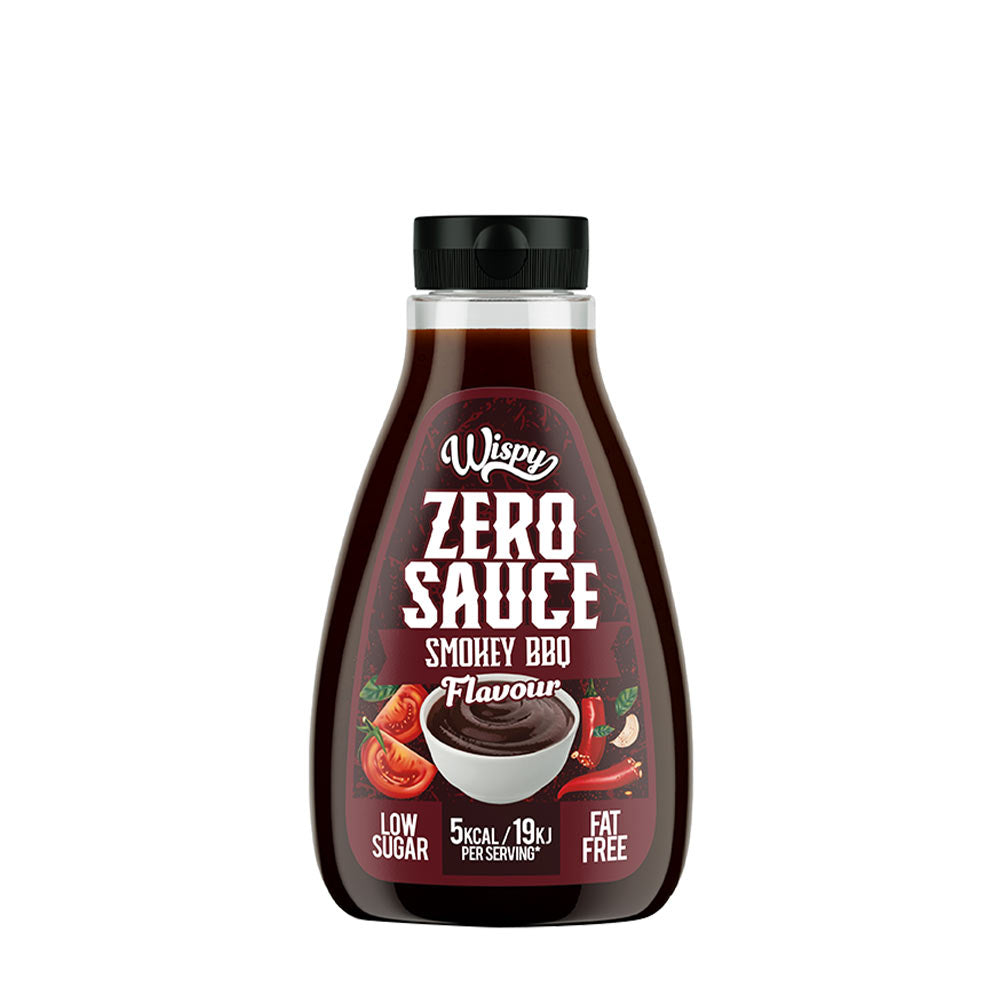 Wispy Zero Sauce Smokey BBQ flavor, low sugar and fat-free, perfect for low-calorie meals.