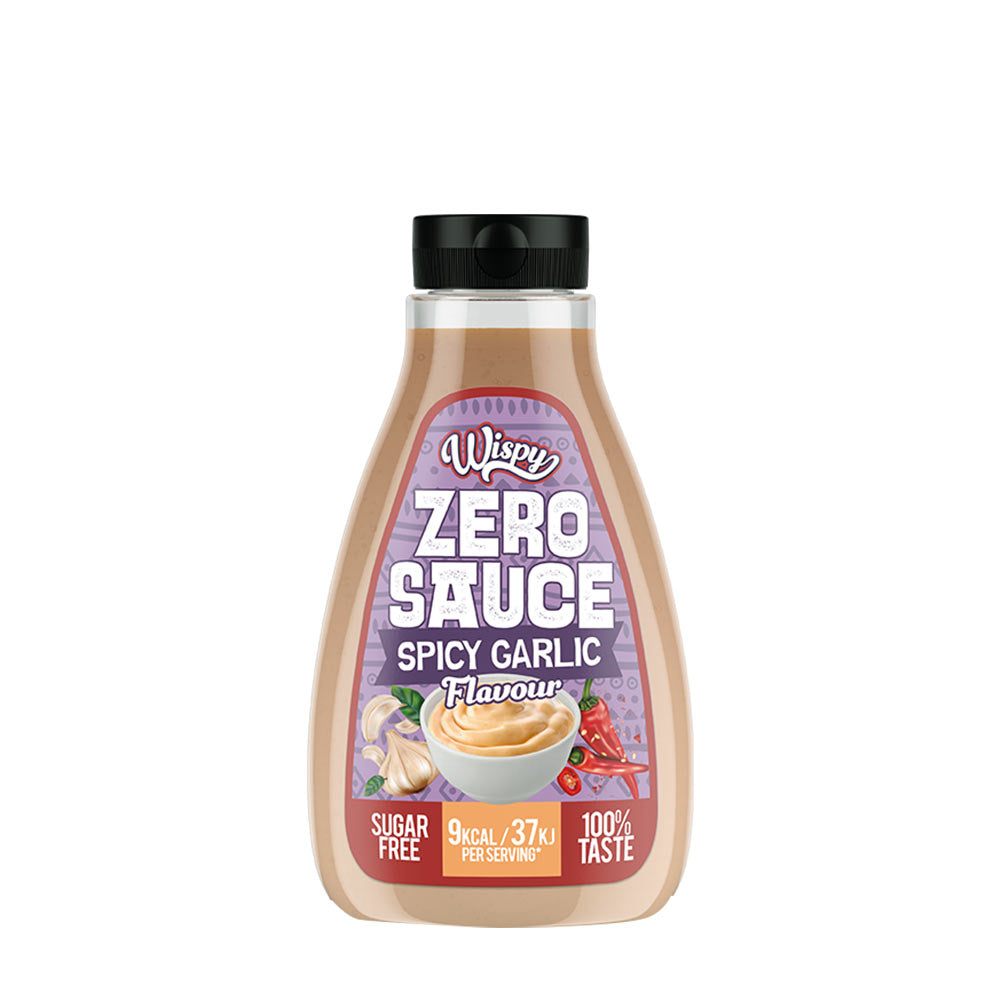 Wispy Zero Sauce Spicy Garlic dressing in a bottle, sugar-free and low-calorie, perfect for flavorful meals.