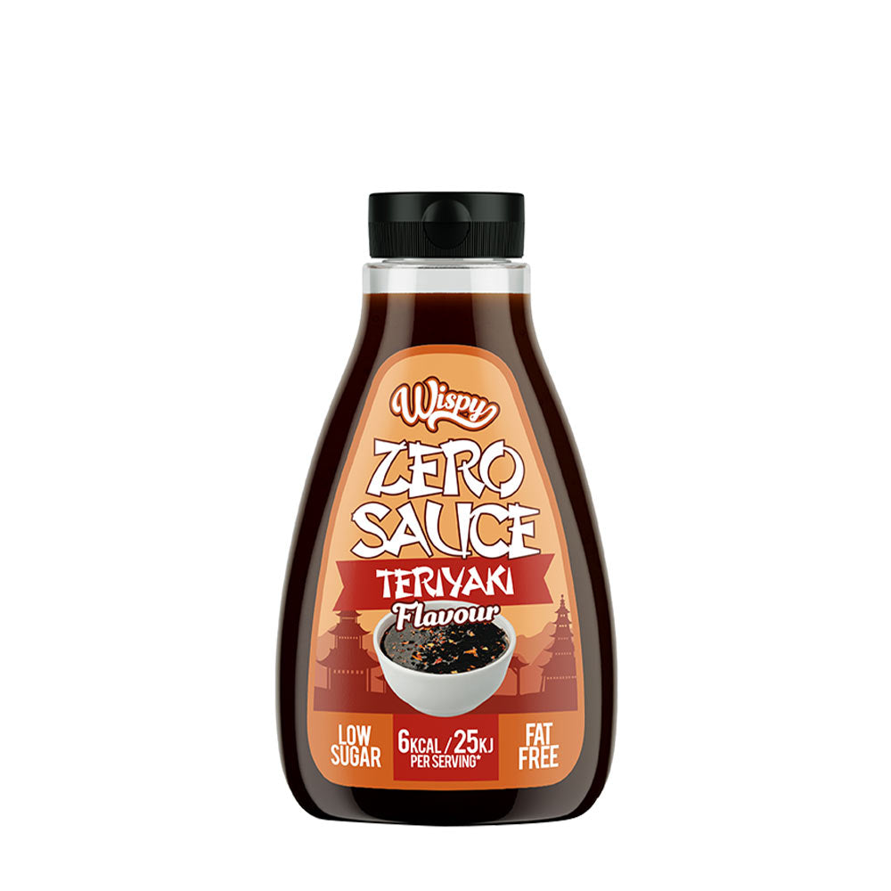 Wispy Zero Sauce Teriyaki flavour bottle, low sugar, fat-free, under 6 kcal per serving, perfect for healthy meals.