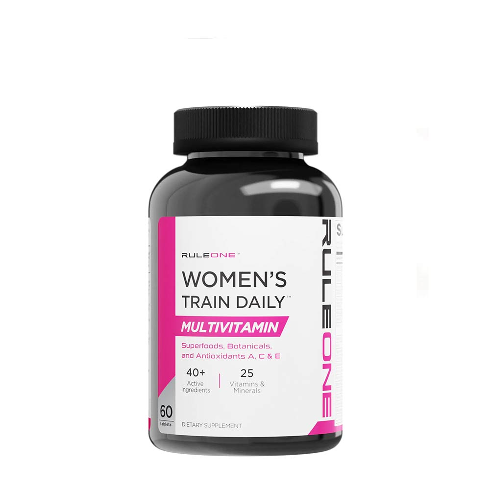 Rule One Women's Train Daily Multivitamin bottle featuring 40+ active ingredients and 25 vitamins and minerals.