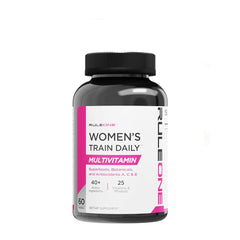 Rule One Women's Train Daily Multivitamin bottle featuring 40+ active ingredients and 25 vitamins and minerals.