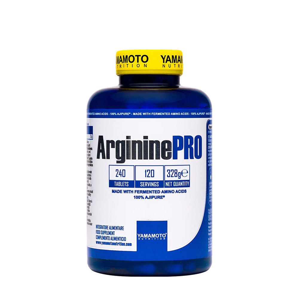 Yamamoto Nutrition Arginine Pro Ajinomoto supplement bottle, 240 tablets for muscle support and recovery.