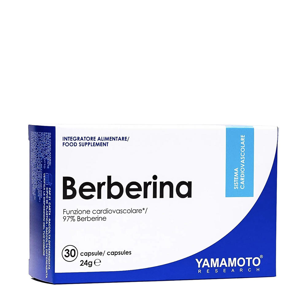 Yamamoto Nutrition Berberina food supplement box with 30 capsules for blood sugar regulation and weight support.