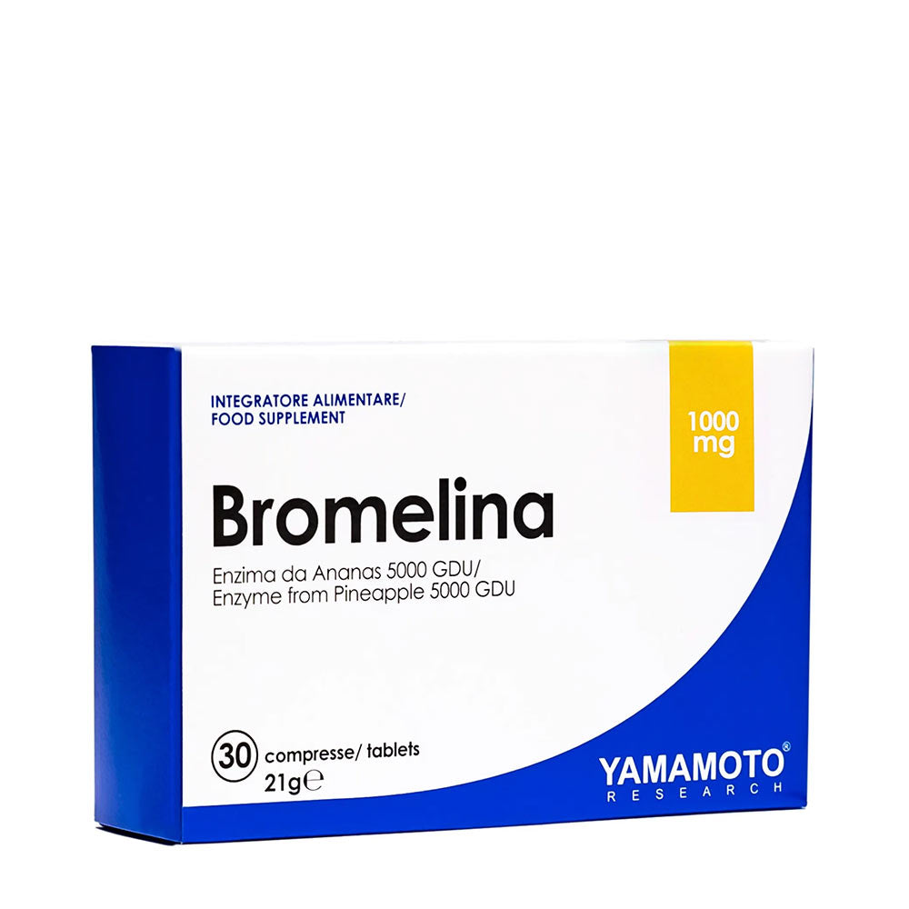 Yamamoto Nutrition Bromelain supplement box, 1000 mg, contains 30 tablets for digestive health and inflammation support.
